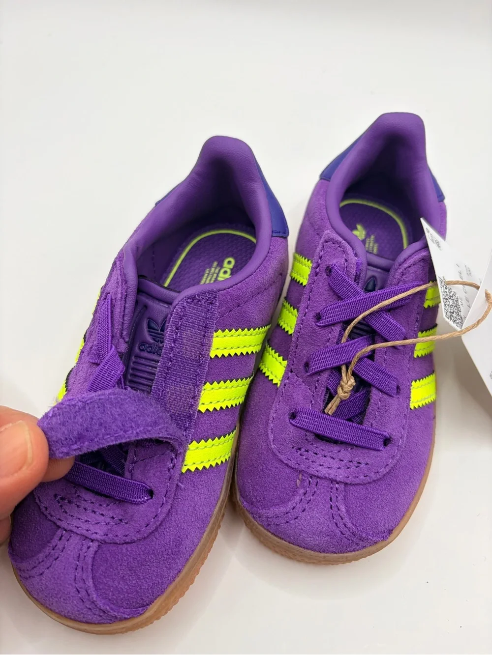 adidas Kids Gazelle CF EL I Purple Suede Sneakers with Neon Yellow Stripes